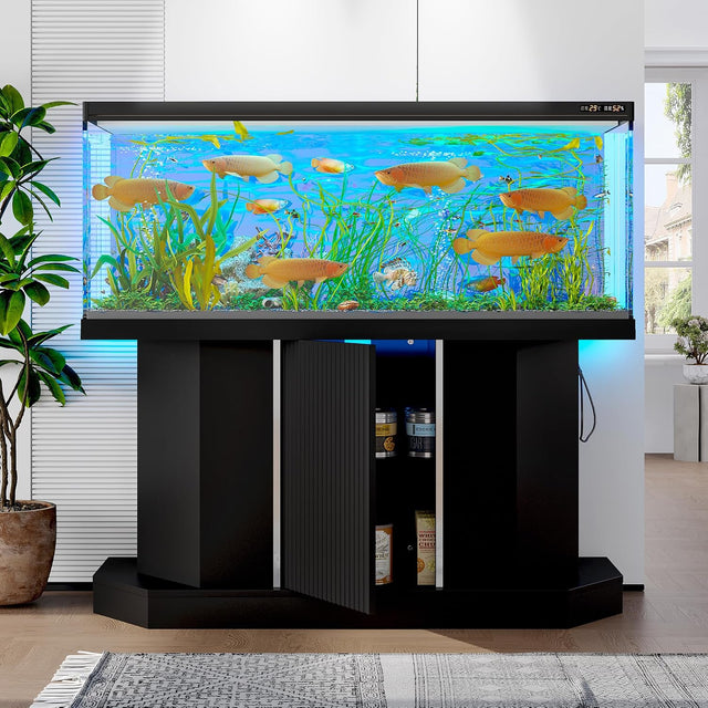 55-75 Gallon Fish Tank Stand with Power Outlet, Modern Heavy Duty Aquarium Stand with Cabinet Storage for Fish Tank/Turtle Tank/Reptile Terrarium, 880LBS Capacity, Black
