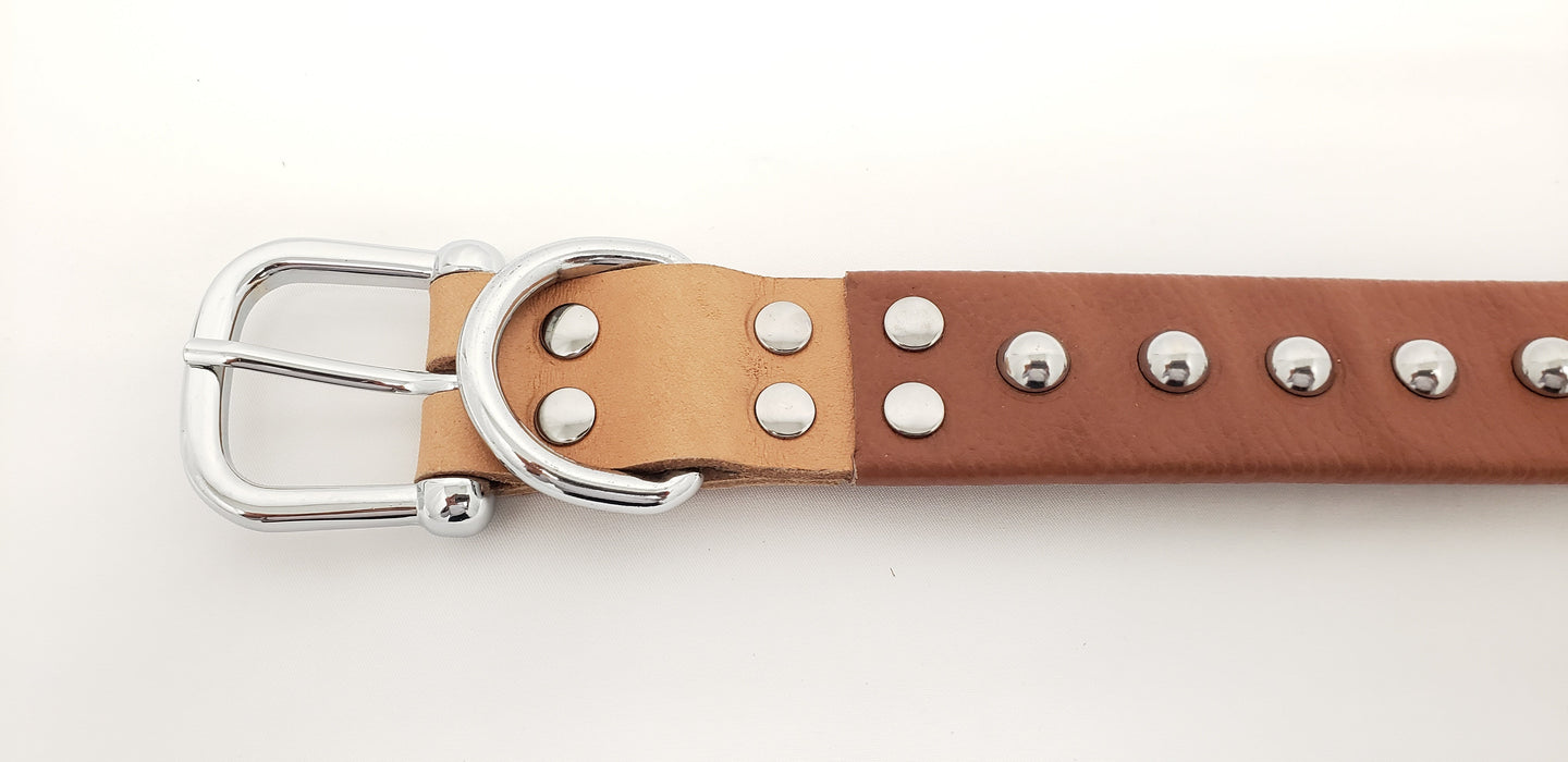 Brown Leather Dog Collar with Single Line of Silver Chrome Buttons - Tan - Medium