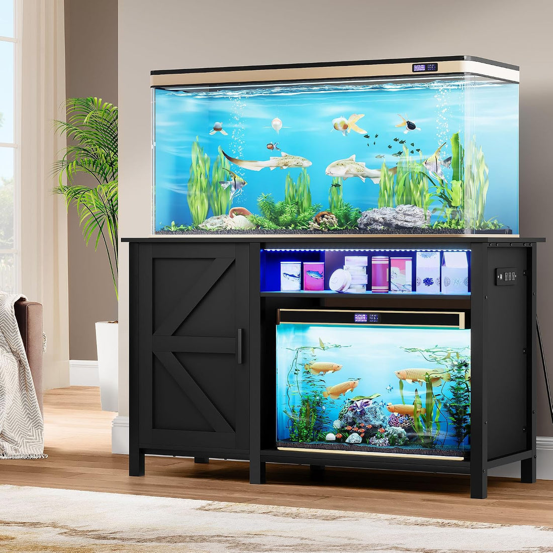 Aquarium Stand with Power Outlets, Black | 55-75 Gallon Fish Tank Stand, Cabinet with RGB Light Strip Suitable for Turtle Tank, Reptile Terrarium, 900LBS Capacity