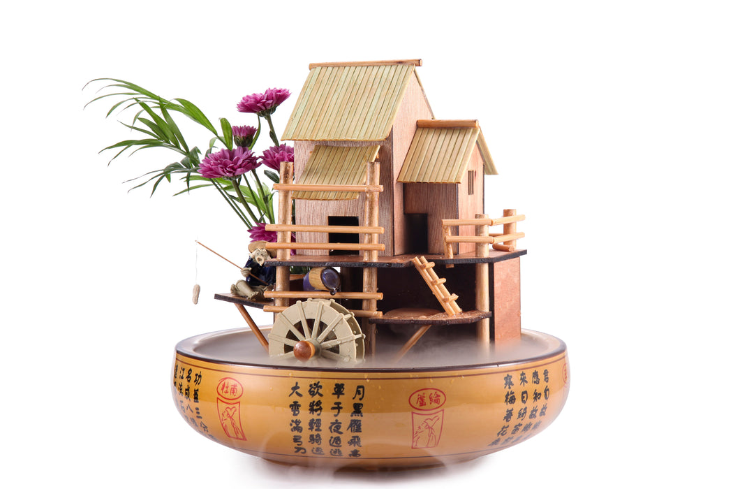 10" Bamboo House Fountain with Decorative Pot, Plant Holder, Fisherman Figurine, and Quiet One 100 Pump