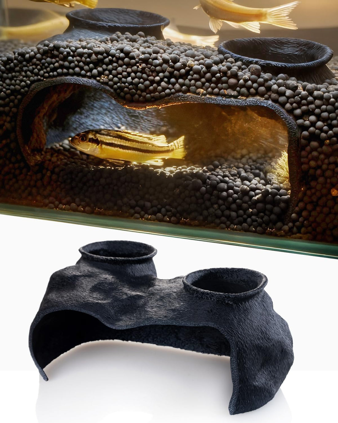 Dual-Entrance Rock-Texture Cave – Fish Tank Shelter & Aquarium Decor with 2 Tunnels, 6×3.4×2.3In (Black)