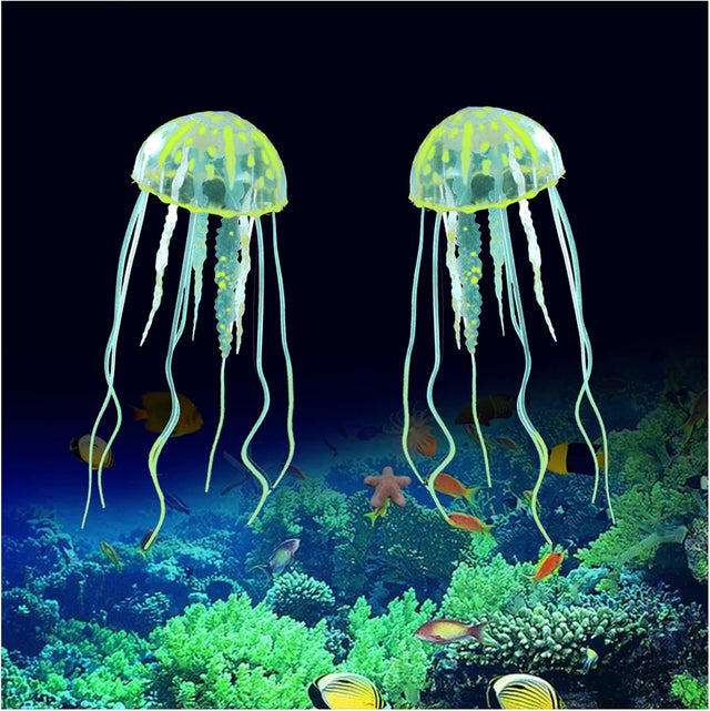2 PCS Jellyfish Fish Tank Decorations, Simulation Jellyfish Plant Ornament, Fish Tank Jellyfish Glow Decorations, Fish Tank Decorations Suitable for Various Fish Tank/Aquarium (S, Yellow)