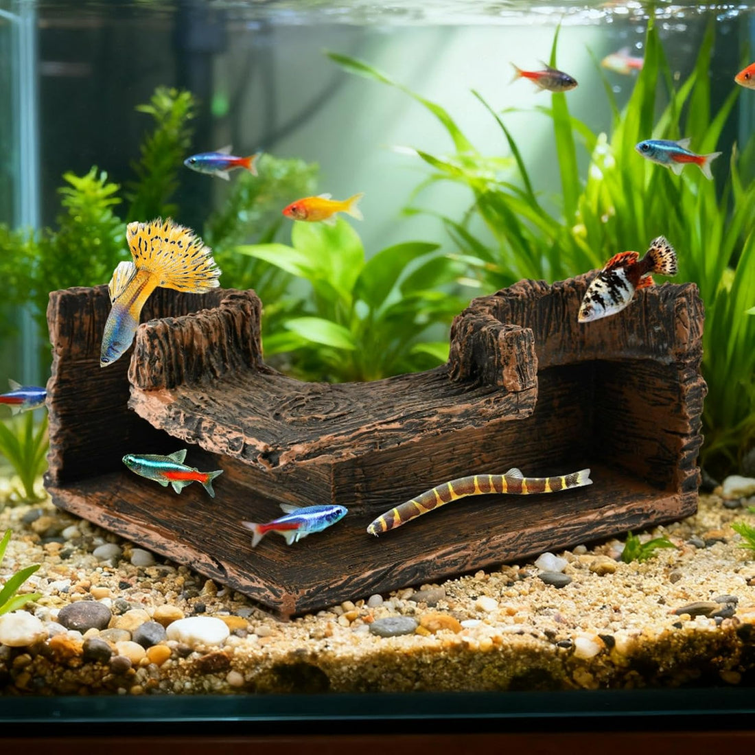Aquarium Corner Cave - Fish Tank Cave for Corners - Betta Hideout | Natural-Looking Wood-Like, Fish Hideout for Aquarium,90° Corner Fish Cave Viewing Tunnels,5.1” X 2” X 2.7”