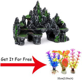 Large Fish Tank Decorations, Mountain View Aquarium Ornament with Tree House Cave Bridge Artificial Plastic Plants Aquarium Decorations