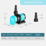 400GPH Aquarium Return Pump with LCD Display Controller, 15W DC 24V Aquarium Pump for Saltwater Freshwater Aquarium,Fish Tank,Sump,20 Speeds ECO Quiet Submersible and Inline Pump