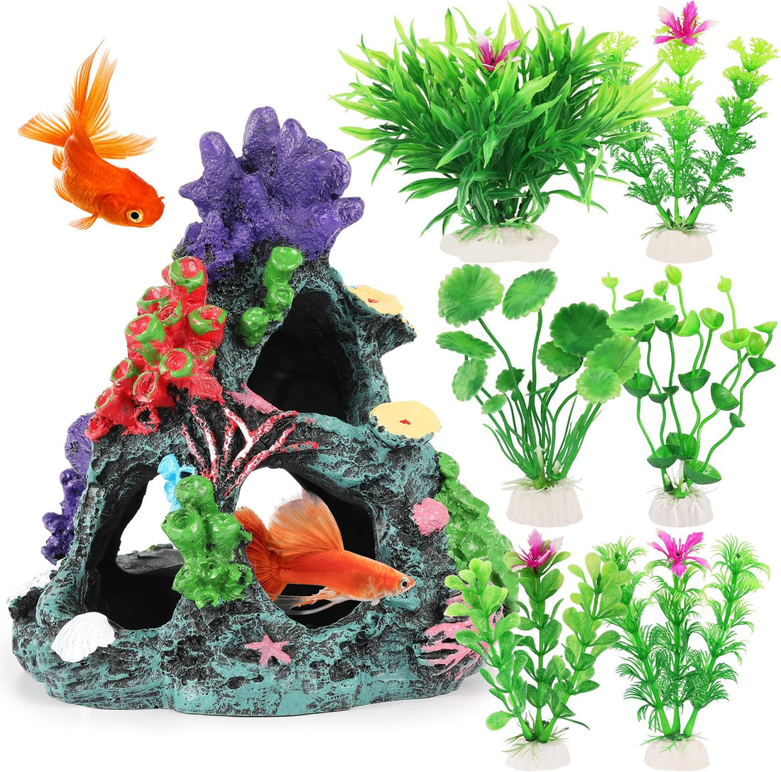 Fish Tank Decorations, 7 Pieces Aquarium Plants Set with Coral Reef Decoration Mountain Cave Ornament for Betta, Goldfish, Shrimp to Breed, Play and Rest (Green)