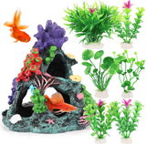 Fish Tank Decorations, 7 Pieces Aquarium Plants Set with Coral Reef Decoration Mountain Cave Ornament for Betta, Goldfish, Shrimp to Breed, Play and Rest (Green)