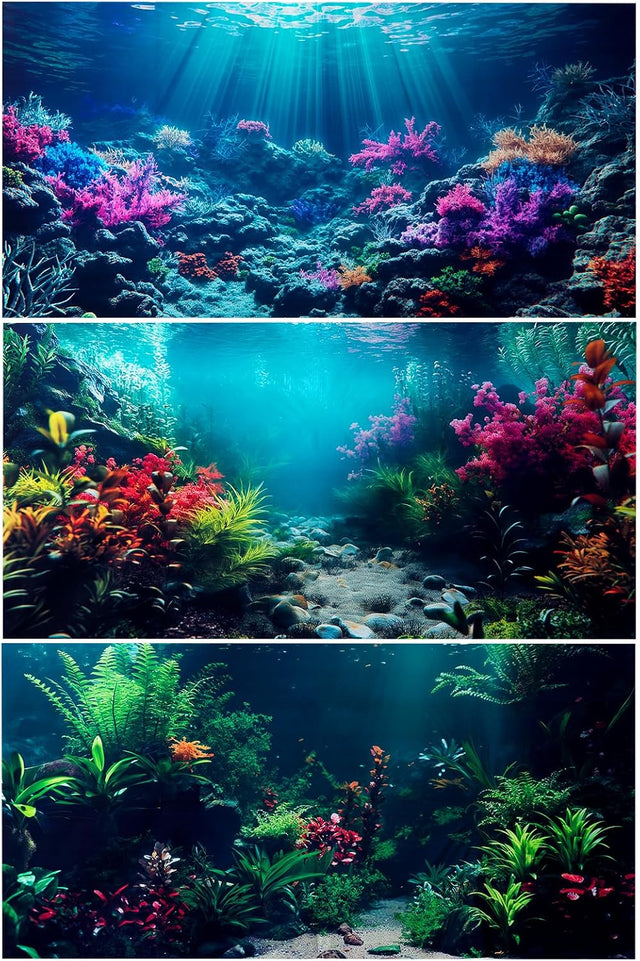 3 Pack Aquarium Background, 30X18 Inch Polyester Aquarium Background | Cloth Fish Tank Background, Undersea Corals Sunshines & Rock Aquatic Plants, Backgrounds for Fish Tank