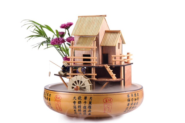 10" Bamboo House Fountain with Decorative Pot, Plant Holder, Fisherman Figurine, and Quiet One 100 Pump